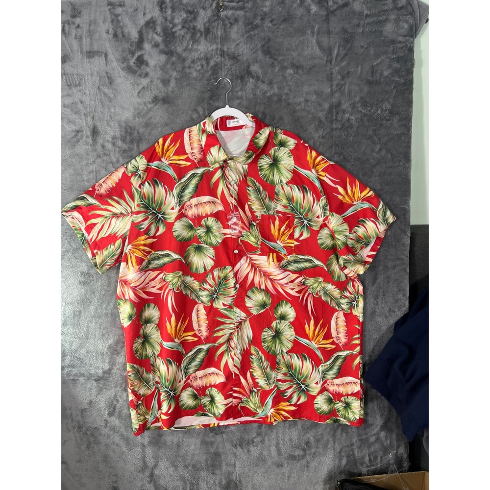 KYKU Mens 4XL Red Tropical Palm Bird of Paradise Floral Short Sleev Button Shirt